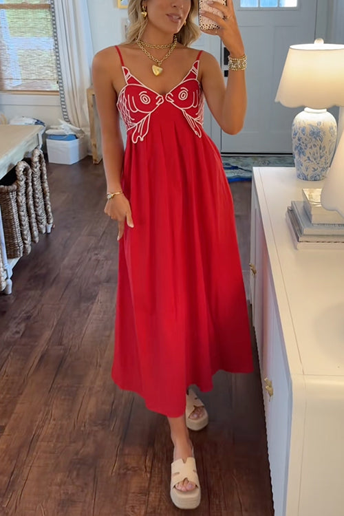 Moxidress Spaghetti Strap Twin Fish Embroidery Maxi Dress