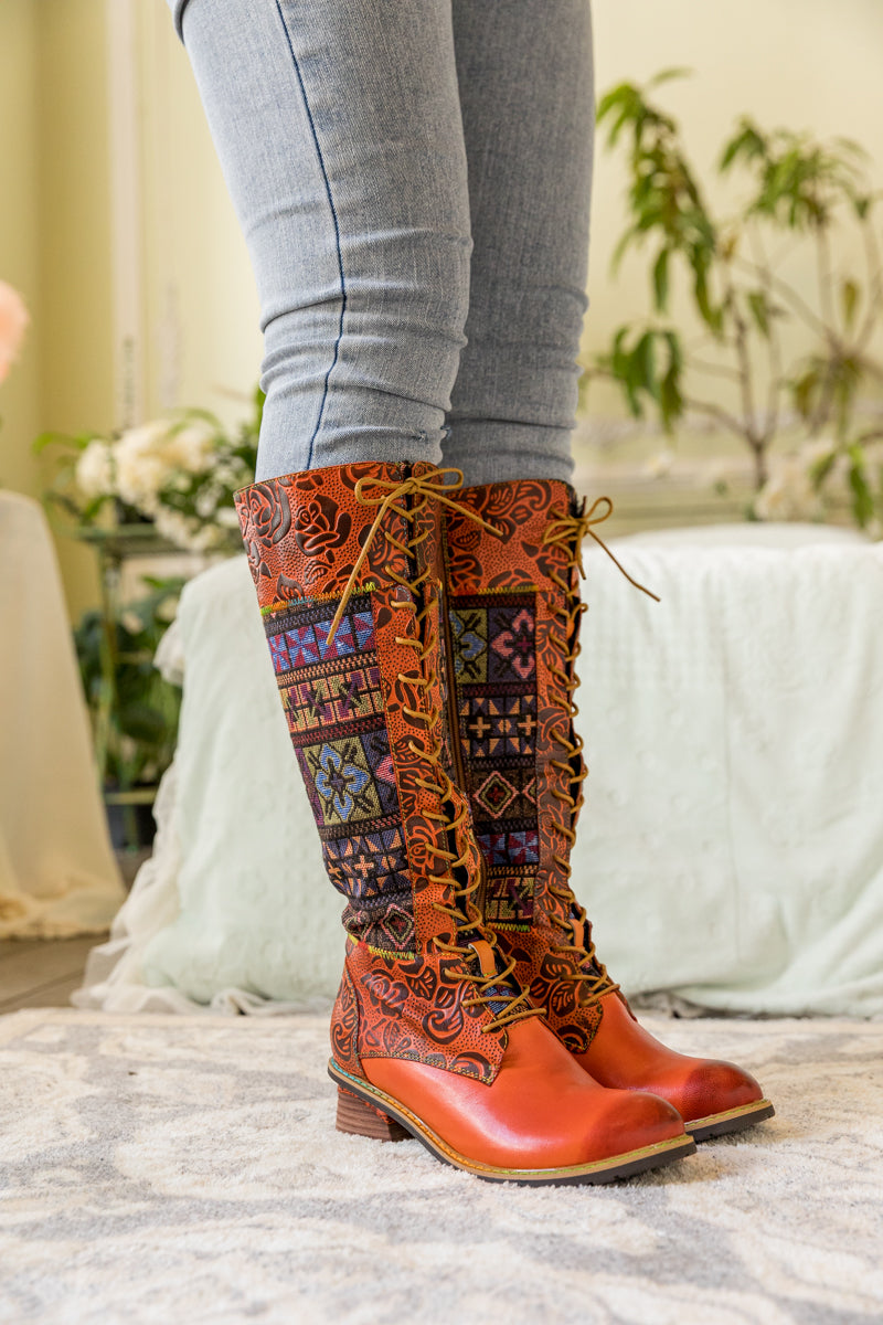 Soffia | Geometry Patchwork Embossed Leather Knee High Boot
