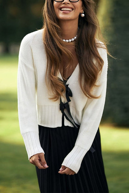 V Neck Bow Tie Front Sweater