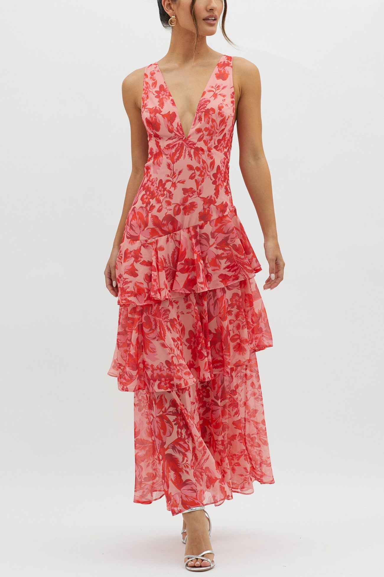 Print Tie-up Back Chiffon Tiered Dress