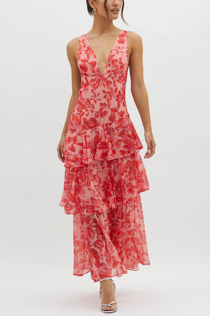 Print Tie-up Back Chiffon Tiered Dress