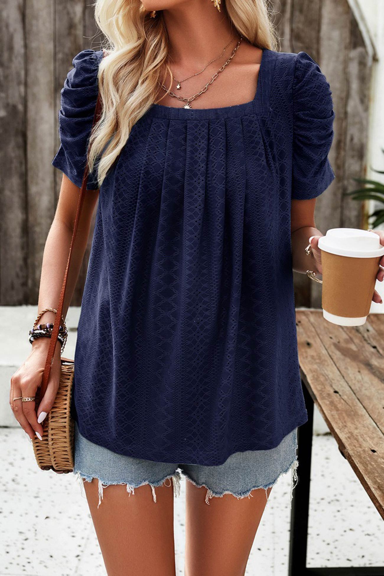 Square Neck Puff Sleeve Hollow Out Blouse