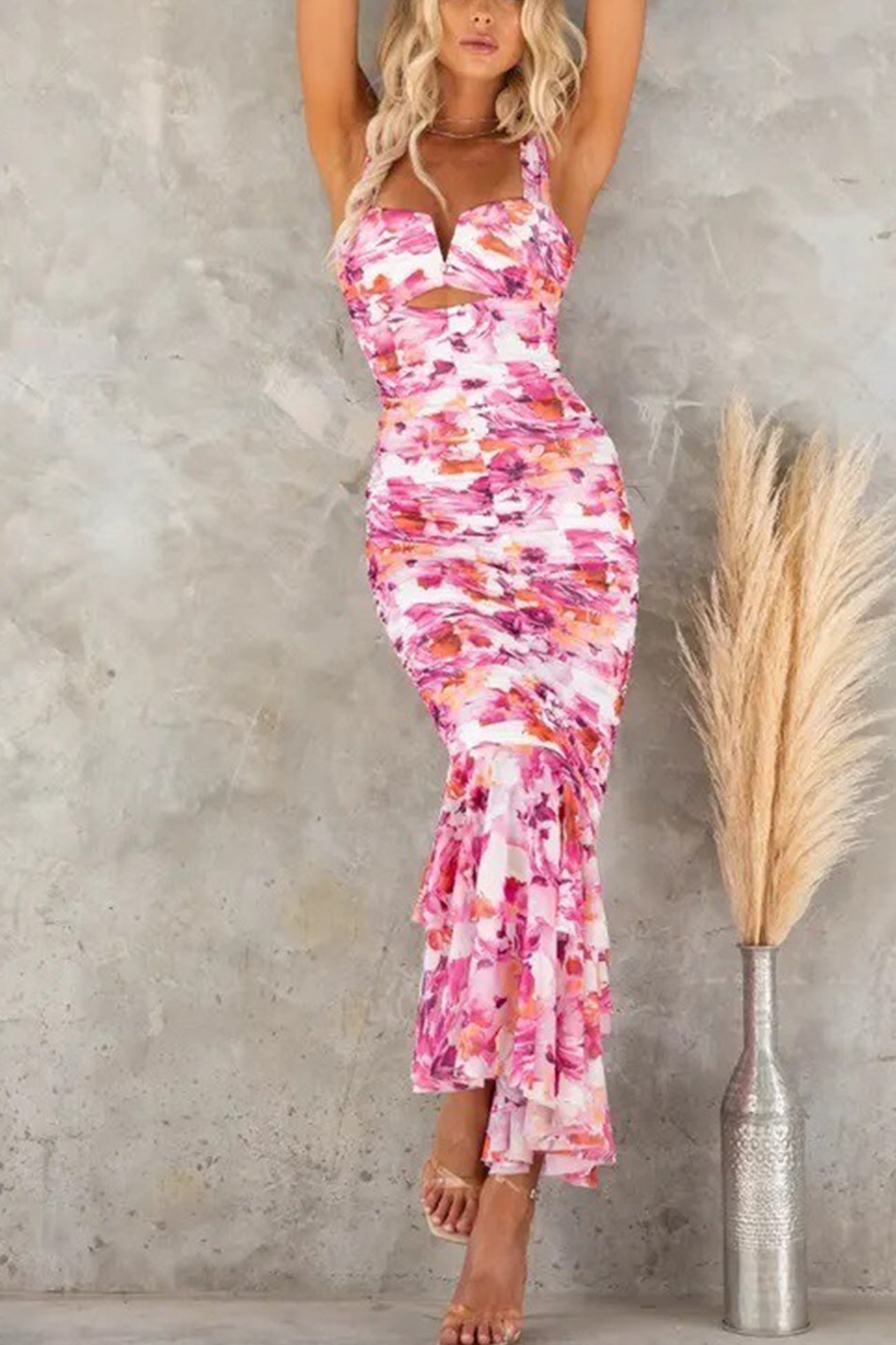 Print Ruched Fishtail Dress