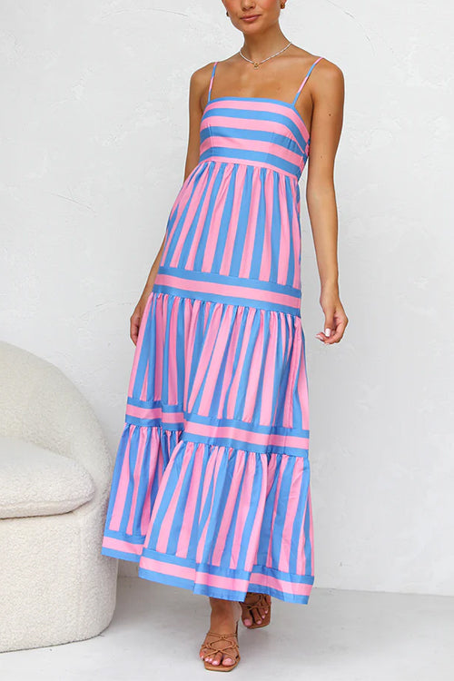 Spaghetti Strap Ruffle Tiered Color Block Striped Maxi Dress