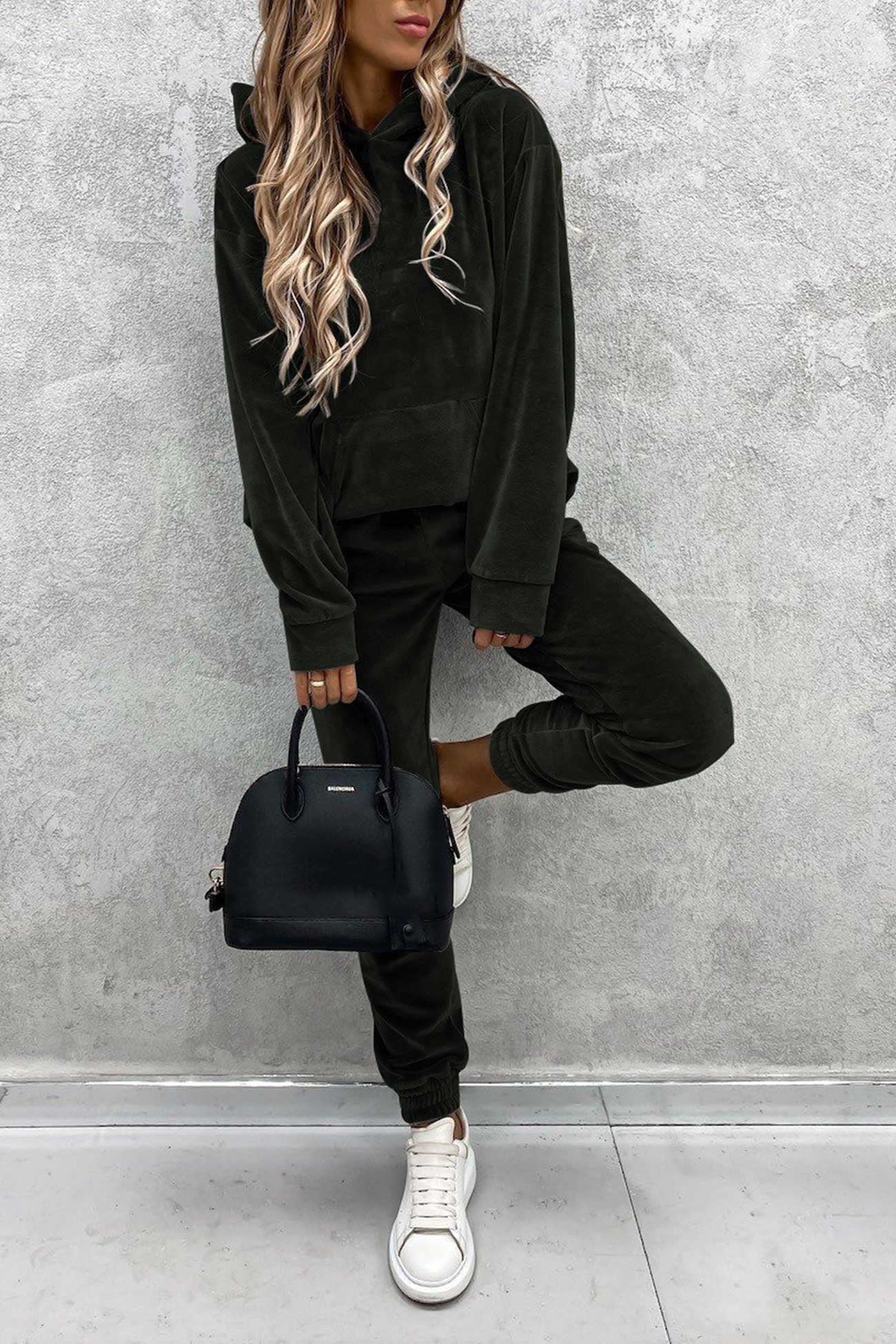Velour Color Hoodie Long Pants Set