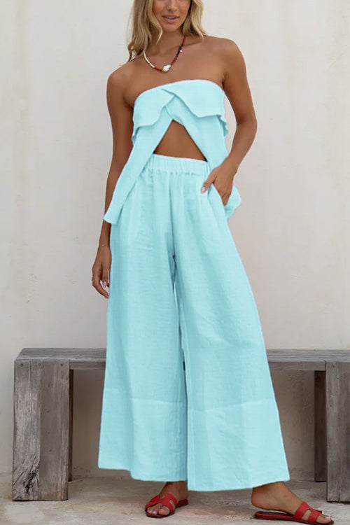 Strapless Ruffle Slit Top Elastic Waist Wide Leg Pants Set