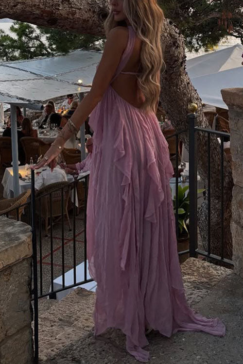 Moxidress Sleeveless Open Back High Slit Ruffle Maxi Dress