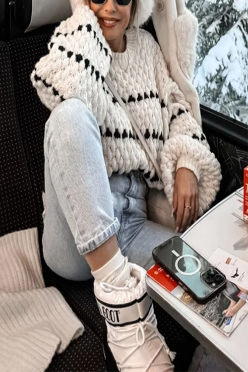 Lantern Sleeves Color Block Chunky Knit Sweater