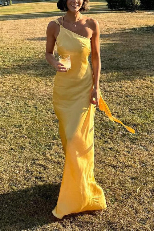 Moxidress One Shoulder Open Back Tie Knot Satin Maxi Dress