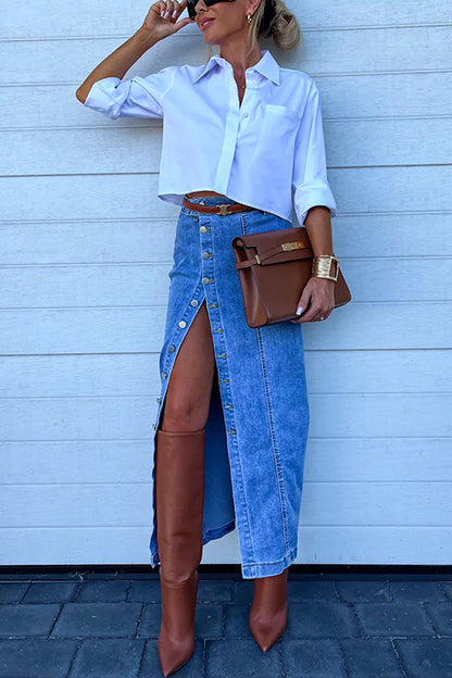 Moxidress High Rise Button Down Slit Denim Skirt