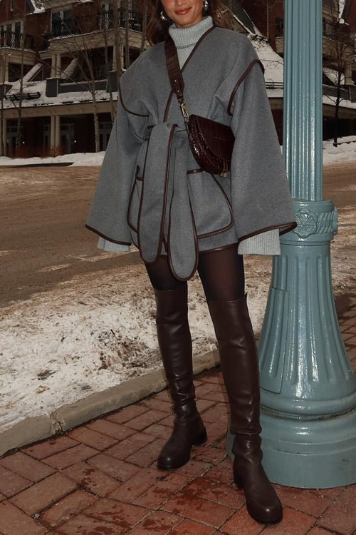 Moxidress Open Front Pocketed Splice Coat With Belt