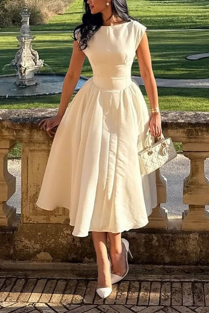 Cap Sleeves Open Back Waisted Swing Midi Dress