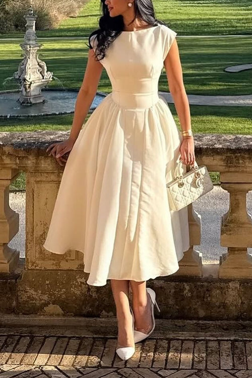 Cap Sleeves Open Back Waisted Swing Midi Dress
