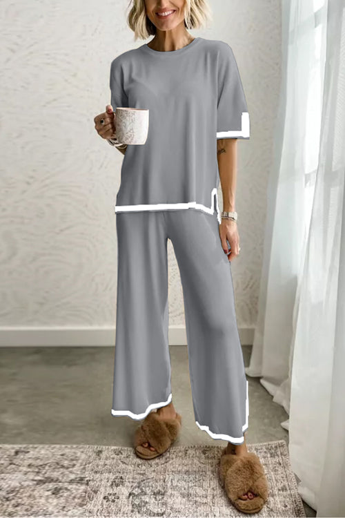 Color Block Short Sleeves Side Split Pullover Wide Leg Pants Knitting Loungewear Set