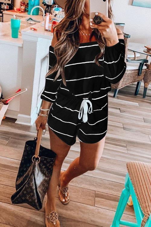 Moxidress Off Shoulder Drawstring Waist Striped Shorts Jumpsuit