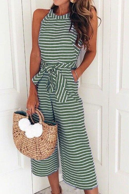 Crewneck Sleeveless Bow Knot Wide Leg Striped Jumpsuit