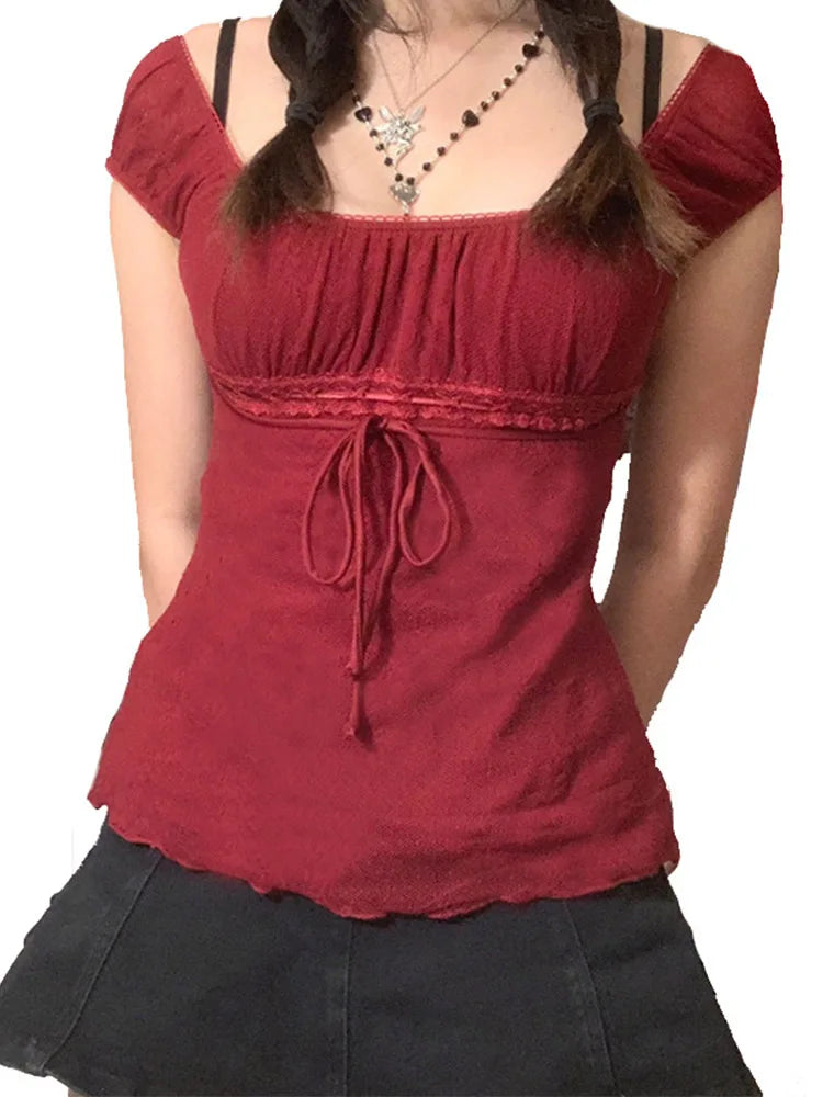 2000s Aesthetic Sweet Lace Tops Off Shoulder Drawstring T-shirt Korean Female Tee Fairy Grunge