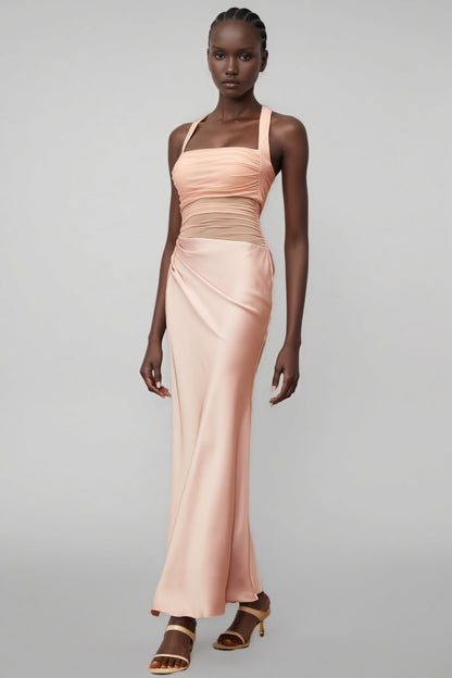 Devin Pink Mesh Panel Ruched Maxi Dress