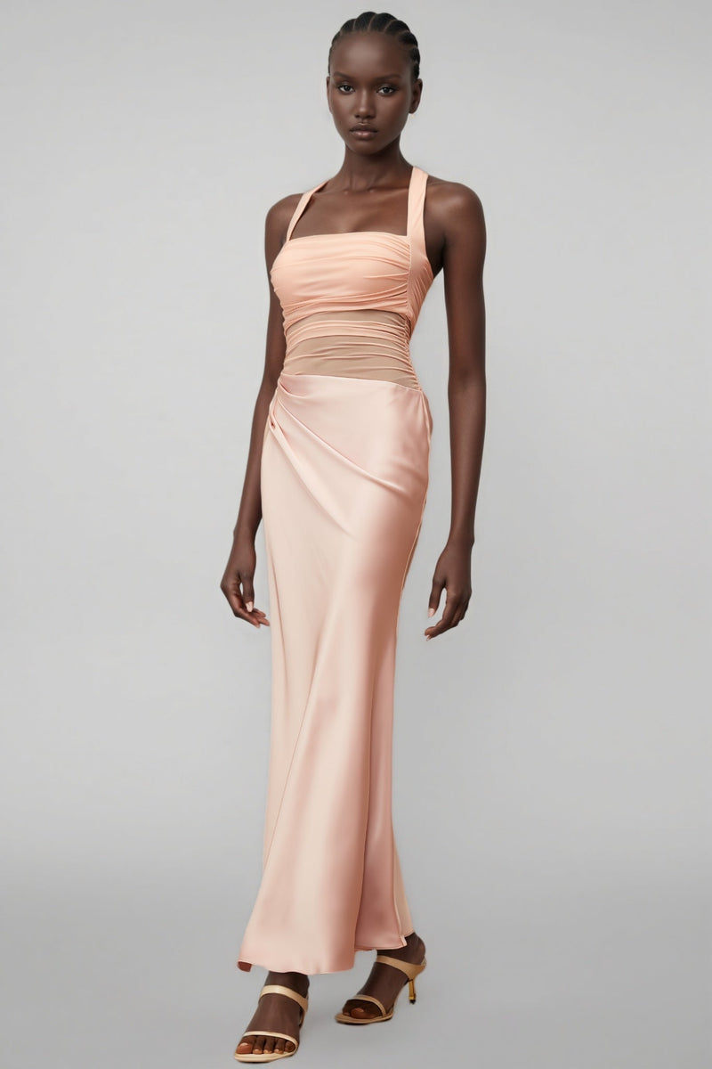 Devin Pink Mesh Panel Ruched Maxi Dress