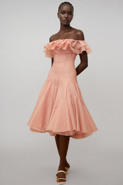 Eosf Pink Mesh Ruffle Midi Dress