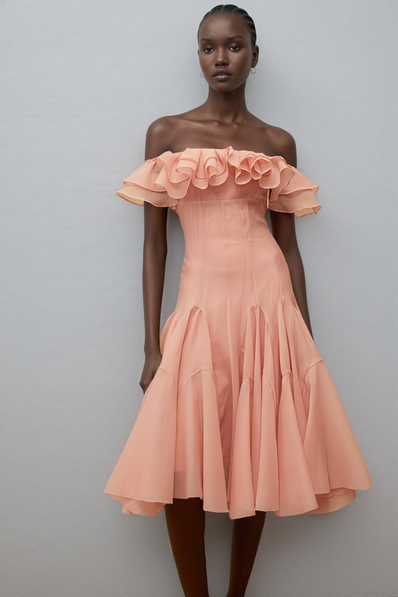 Eosf Pink Mesh Ruffle Midi Dress