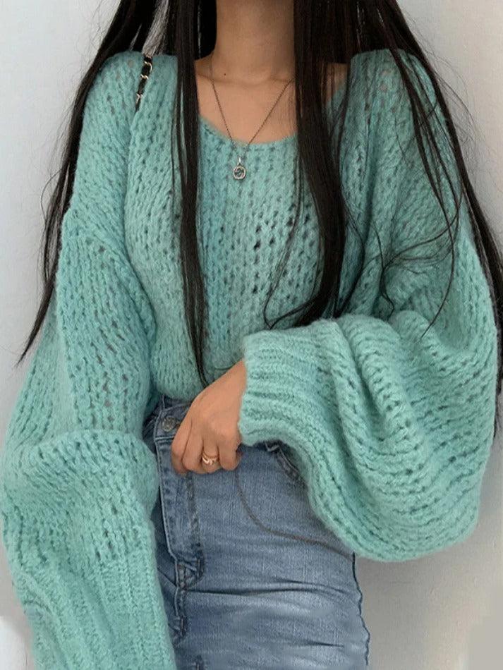 Cutout Lantern Sleeve Loose Sweater