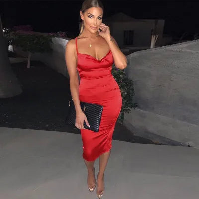 Summer Long Satin Backless Hollow Out Midi Dresses