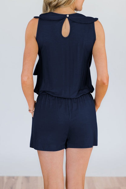 V Neck Ruffle Design Romper--dark Blue