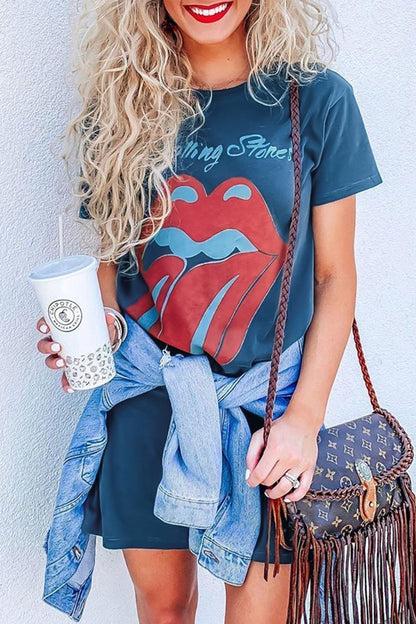 Lip Printed Mini T-shirt Dress