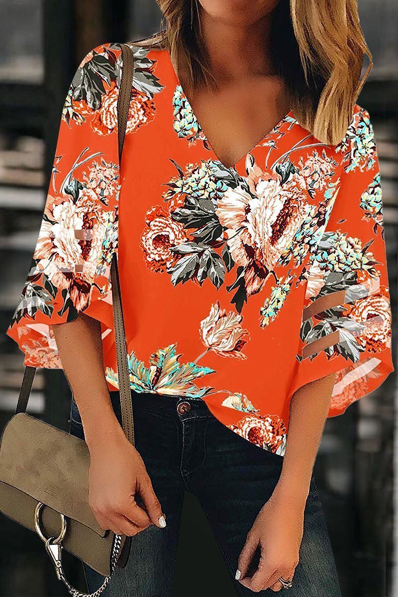 V Neck Printed Hollow-out Blouse