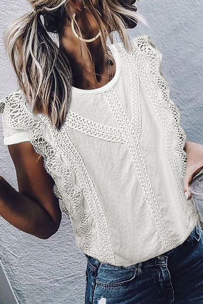 O Neck Lace Trim Patchwork Blouse