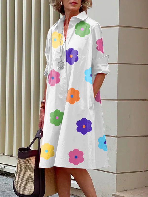 Long Sleeves Printed Lapel Midi Dresses