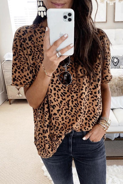 Leopard Print Loose Design Brown T-shirt