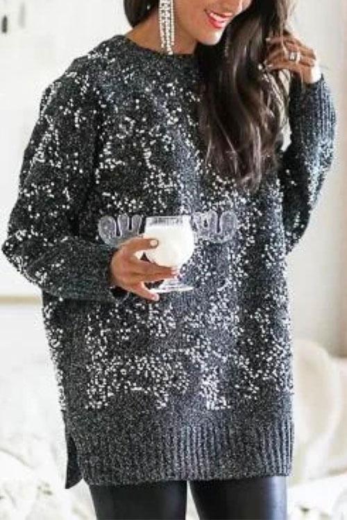 Moxidress Crewneck Side Split Sequin Glitter Sweater