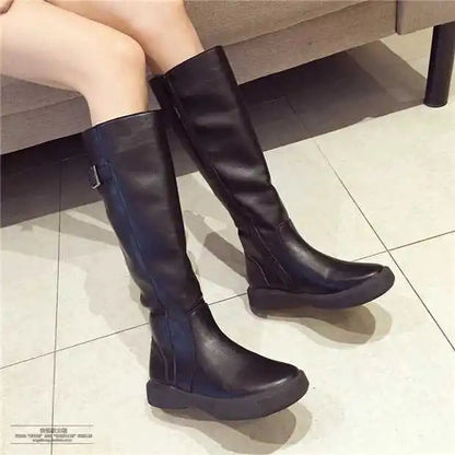 Zipper Winter Fleeces Leather Flat Knee High Boots