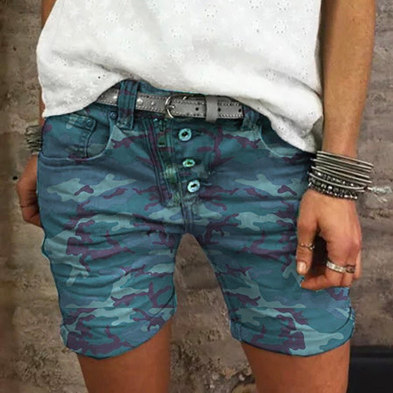 Moxidress Elastic Waist Buttons Skinny Camo Shorts