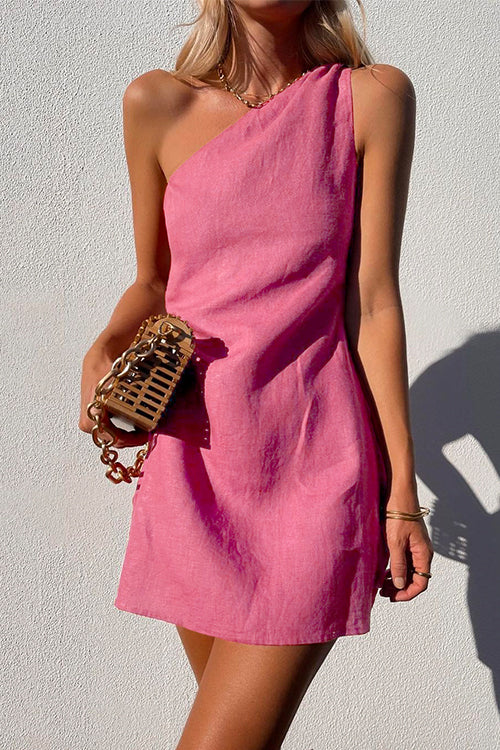 Moxidress One Shoulder Cotton Linen Mini Dress