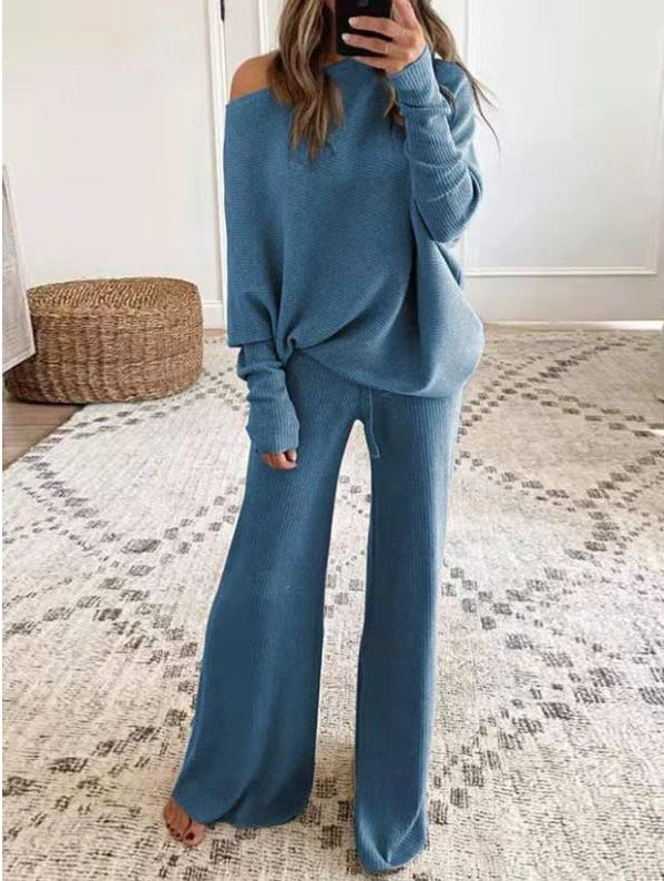 Moxidress Cold Shoulder Pullover and Tie Waist Pants Knit Set