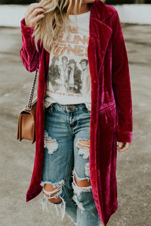 Lapel Pocketed Velvet Coat