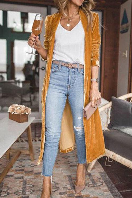 Moxidress Lapel Open Front Long Velvet Coat