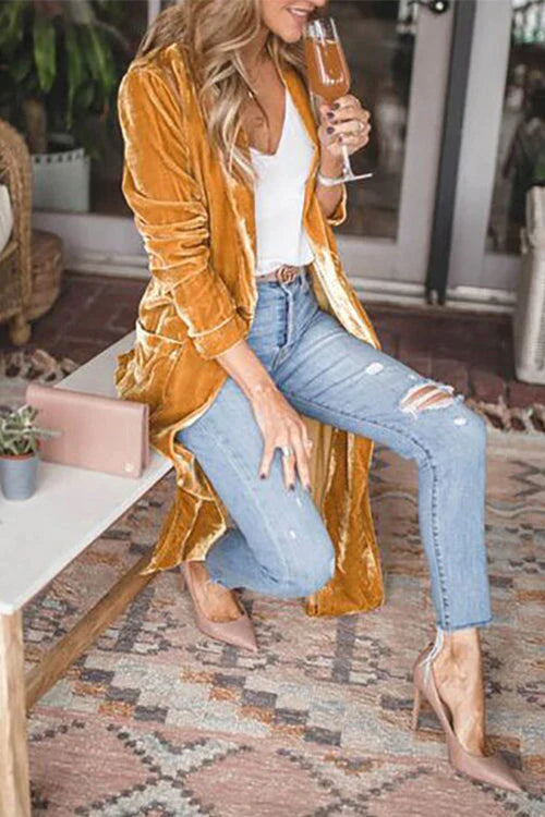 Chicest Lapel Open Front Long Sleeve Velvet Coat