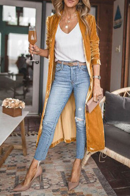 Stylish Lapel Open Front Long Sleeve Velvet Coat