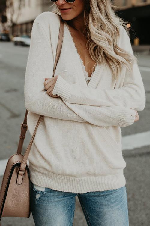 Wrap V Neck Long Sleeve Knitting Sweater