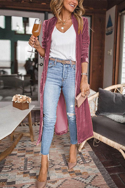 Chicest Lapel Open Front Long Sleeve Velvet Coat
