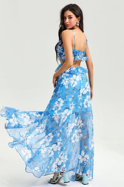 Cut-out Ruffle Hem Cami Maxi Dress Blue