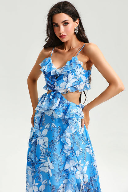 Cut-out Ruffle Hem Cami Maxi Dress Blue