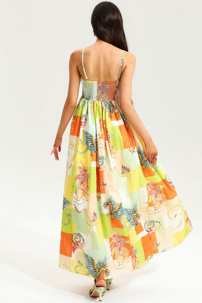 Animal Print Color-blocking High Waist Maxi Dress