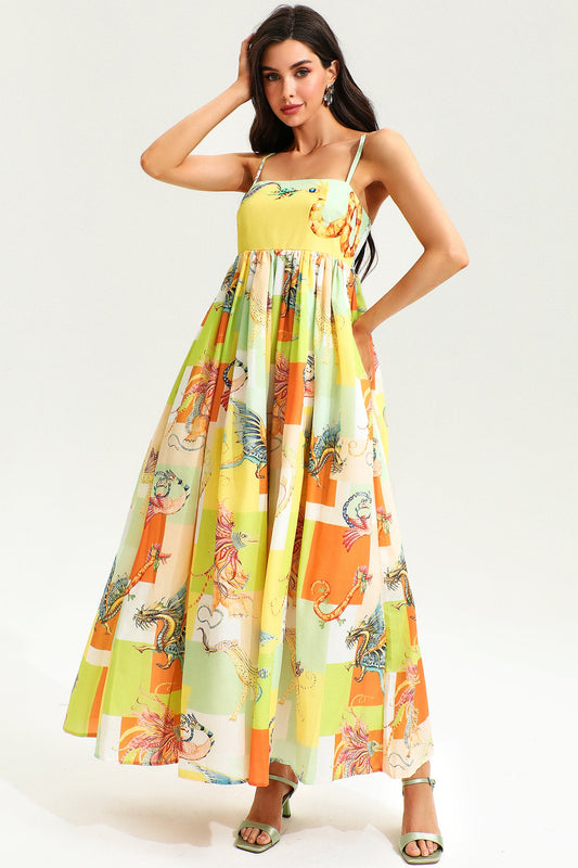 Animal Print Color-blocking High Waist Maxi Dress