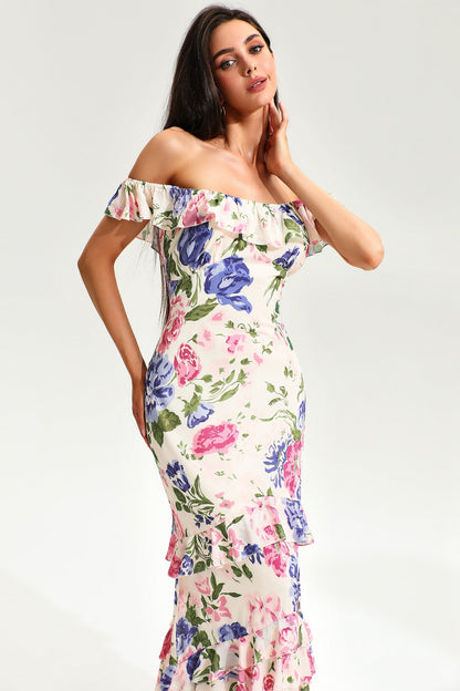 Tiered Ruffle Hem Fishtail Maxi Dress