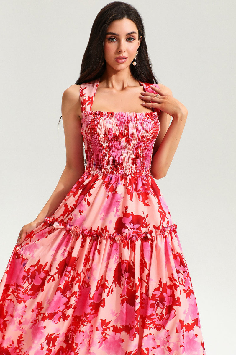 Leave Print Smocked Elastic Cami Midi Dress